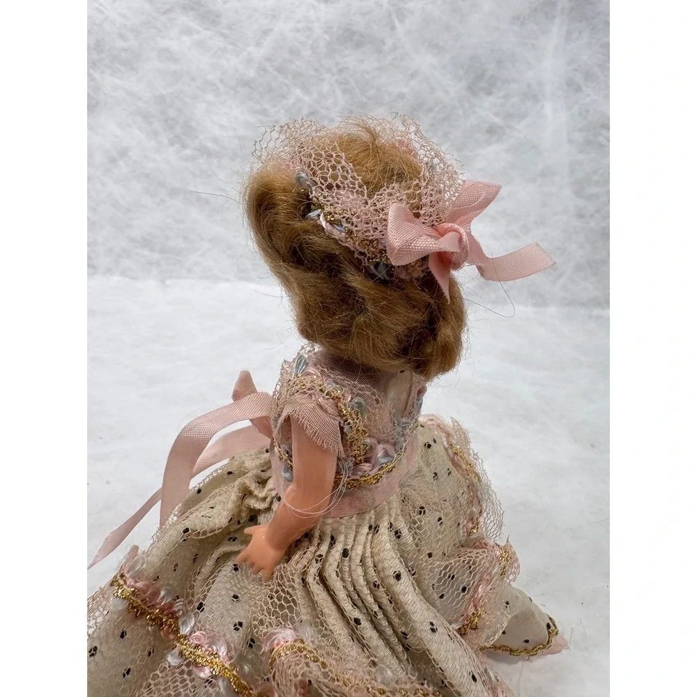 Vintage 7.5 Inch Plastic Doll Polka Dot Tulle Gown Pink Lace Trim Pink Satin